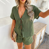 Dili 2025 Spring And Summer Leisure Solid Color Holiday Style Short Sleeves With Shorts Suit Women's Clothing