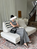 Grey Round Collar Pressure Foldless Sleeveless Dress Elegant Simple Slime Shoulders Low-Rise A-Shaped Dress Summer