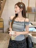 Spice Girls Sexy One-Word Collared Shoulder Wood Ear Pure Desire Short-Sleeved T-Shirt Girl Summer New Super-Good-Looking Repair Body
