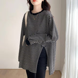Pure Cotton Striped T-Shirt Women's Bottoming Shirt Korean Version Of The Large-Size Loose Open-Fork Niche Long-Sleeved Top Spring And Autumn Tide