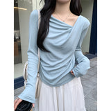 Pure Desire To Word Collar Shoulder Long-Sleeved Knitted Shirt Women Autumn And Winter Collared Horns Folded Tight Inside The Bottom Blouse