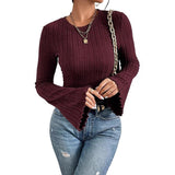 2026 New 8X4 Pit Gruffing Round Collar Women's Blouse Fashion Burst Long-Sleeved Lady T-Shirt