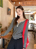 Round-Neck Striped Splicing Colliding Color Knitted Long-Sleeved T-Shirt For Women 2026 Early Autumn Button Design With A Sense Of Body On The Shoulders