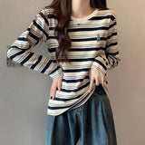 2026 Autumn New Design With A Chic Embroidered T-Shirt T-Shirt Women's Cotton Casual Striped Long-Sleeved Top
