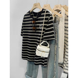 Crash Striped Short-Sleeved T-Shirt Women 2025 New Summer Loose Visky Retro Embroidery Top