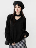 2025 Autumn And Winter New Black V-Neck Sweater Women In The Spring And Autumn With Long Sleeve Bottom Shirt Outside Wearing Hanging Neck Knitting Tops