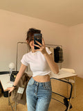 White T-Shirt Women Shoulder Short Sleeves Of European Goods 2026 New Thin Round Collar Cotton Folded Bottom Top