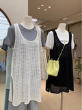 Thirteen Lines Of Early Spring Summer Hollow Knitted Shirt Sleeveless Dress Women Folded Side Open Fork Folded Waistcoat Skirt