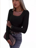 2026 New Burst Threaded Pit Strips Long-Sleeved Sexy U-Neck Casual Women's T-Shirt