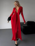 New Fashion Sexy V Long Sleeves With Solid Color Bags Of Winding Dresses In Fall 2025