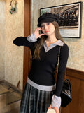 Fake Two-Piece POLO Collar Knitted Bottom Shirt Women's Spring And Autumn Cuffs Open Niche Design Elastic Inside The Top