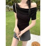 One Word Shoulder Collar Collar Collar Pure Fragrant Shoulder T-Shirt Girl Shoulder Repair Waist Short Sleeve Sexy Short-Sleeve Blouse Summer