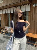 Yellow Texture Inclined Shoulder Short-Sleeved T-Shirt 2026 Summer New Slimming Chic Beauty Small Blouse