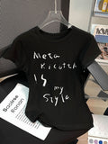Sweet White Shoulder Short-Sleeved Women's T-Shirt Summer Round Collar Print Letters To The Waist Thin Temperament Chic Short Blouse