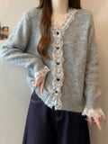 Korean Version Of Loose Lace Splicing V-Neck Sweater Coat Women Autumn Thick Chic Atmosphere Soft Knitting Top