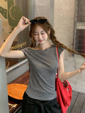 Korean Unique Beautiful Collared Shoulder Striped Short-Sleeved T-Shirt Girl's New Early Summer Wear Super Beautiful Top