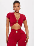 Summer Sexy Hot Babes Low-Breasted V-Neck Short-Sleeved T-Shirt Blouse Hardware Clad Hip Trouser Suit Woman