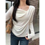 Pure Desire To Word Collar Shoulder Long-Sleeved Knitted Shirt Women Autumn And Winter Collared Horns Folded Tight Inside The Bottom Blouse
