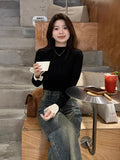 Black Half-High Collar Bottoming Shirt In Autumn And Winter With High-End Grinding Long-Sleeved T-Shirt Slimming Chic Top