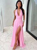 2025 Women's Temperament Hanging Neck V Collar Long Money To Collect Waist Long Dress Sexy Sleeveless Dark V Solid Color Dress