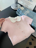 French Sweet And Gentle Pink Doll Collar Knitted Short-Sleeved T-Shirt For Girls Summer New Slimming Temperament Top