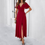 Dili Women's Clothing 2025 Spring And Summer Temperament Elegant Body Solid Color V-Neck Open Fork Dress