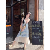 Blue Lattice Dress Dress Dress Dress Women Summer New Fake Two Splicing Lace Niche Design Long Dress