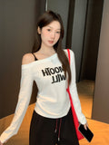 Slanted Shoulder Letter Print Long-Sleeved T-Shirt Girl 2026 Early Autumn New Folded Body Design Feel Shoulder Strap