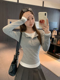 Flower Ash Fake Two Splicing V-Neck Long-Sleeved T-Shirt Women 2026 Autumn New Slimy Button Bottom Shirt Top