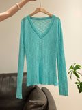 Blue V-Neck Hollow Long-Sleeved Knitted Shirt Women 2026 Thin Slime Shirt Inside The Bottom Shirt