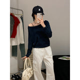 Milk Green Oblique Shoulder Pure Lusty Long-Sleeved T-Shirt Girl Early Autumn Shoulder Relaxation Feeling Lazy Bottom Top