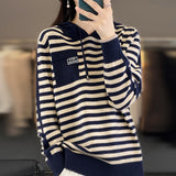 Autumn And Winter Striped Hooded Bottom Knitted Women's Coat Sweater Loose Fashion Hoodie Jersey
