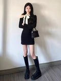 Hepburn Small Fragrant Wind Shoulder Bow Knitted Small Black Dress Woman Autumn Luxury High-End Evening Dress Dress