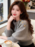 Korean Design Sense Of Old Money Wind Gray Familiar Side Collar Knitted Shirt Women Autumn And Winter Thick Sweater