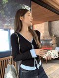 Sexy Babes Fake Two Knitted Long-Sleeved T-Shirt Women 2026 Early Autumn New Button Design Temperament V Collar Top