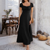 Dili 2025 Spring And Summer Temperament Elegant Solid Color Tie With Folding Bubble Bubble Sleeves French Dress Women's Dress