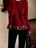 French High-End Fine Shiny Red Knitted Shirt Women 2025 Winter New Fashion Elegant Top