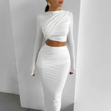 Women's Clothing 2025 Autumn And Winter 2025 New Round-Neck Long Sleeves Bare Umbilical Top Dress Dress Suit Women