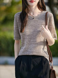 2025 Summer New Round Collar Knitted Short-Sleeved T-Shirt Women's Knitted Knitted Jersey Loose Lazy Blouse Lyselle Thin