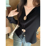 Black V-Neck Button Design Long-Sleeved T-Shirt Women Slimming Thin Flared Ins Temperament Top
