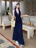 Blue Hanging Neck Slings Crumice Waist Dress Women 2025 New Summer Lace French Dress Seaside Holiday Wind