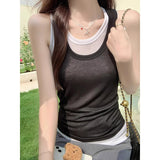Vintage Diamond Red Thin Breathable Vest Sling Summer Women Loose Fake Two Anti-Walking Light Outside Wear Clothes
