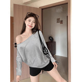 Pure Desire A Word Shoulder Cotton Oblique Shoulder Long-Sleeved T-Shirt Women's Autumn And Winter Loose Bottom Shirt Lazy Chic Beauty Top