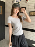 Korean Hottie Sexy Collared Shoulder Striped Short-Sleeved T-Shirt Girl New Summer Ootd Wear Super Good-Looking Top