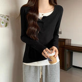 This Year's Popular Splicing Button Half-Open-Neck Long Sleeves Hit Two T-Shirts Women's Gas Hit Bottom Shirt Tops