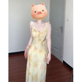 French High-End V-Necked Floral Sling Dress Woman's New Summer 2025 Waist-Skinny Leaf Side Dress
