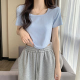 Solid Color French Style Collar Hottie Milk Apricot Short-Sleeved Blouse Spring And Summer Pure-Want T-Shirt Girls Body-In-Body Shirt