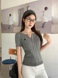 Korean Ash Hemp Shoulder Short-Sleeved T-Shirt Girl Summer New Hottie Slimming Embroidered Knitted Shirt Top