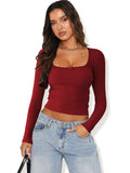2025 New Long-Sleeved T-Shirt Women's Fashion Brand Slim Lace Spliced Hottie Top U Collar Thin Bottom Shirt