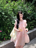 Sweet And Gentle Pink Flying Sleeve Dress Women's Summer 2026 New Small Loose Thin A Short Skirt